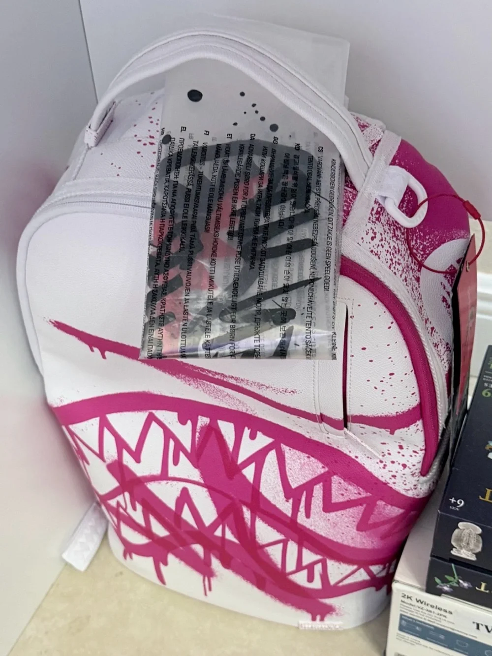 Sprayground White & Hot Pink Shark Graffiti Mini Backpack
